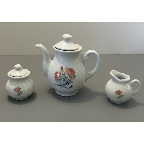 Dollhouse Miniature Tea Pot Set Kitchen Dish Rose Floral 13 Piece Lot VTG - READ - Picture 6 of 9